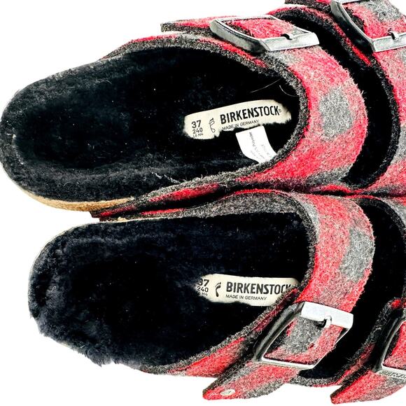 Birkenstock Arizona Shearling Red/Black Buffalo Check Plaid NEW Size 37 US 6/6.5 - Picture 3 of 4